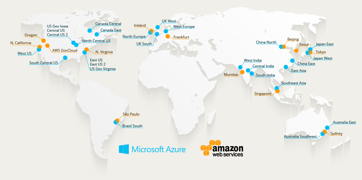 Azure and AWS data centers map