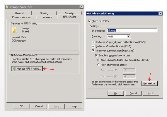 The NFS sharing dialog in Windows explorer