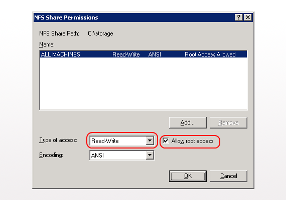 The permissions dialog for an NFS share