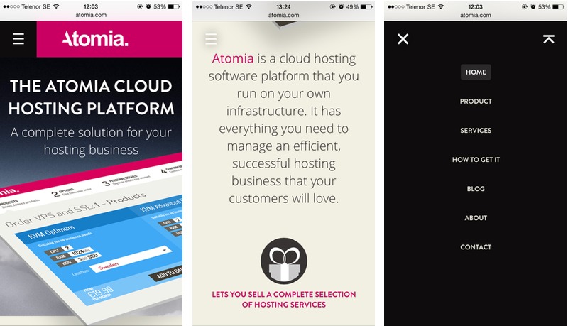 Atomia website on mobile