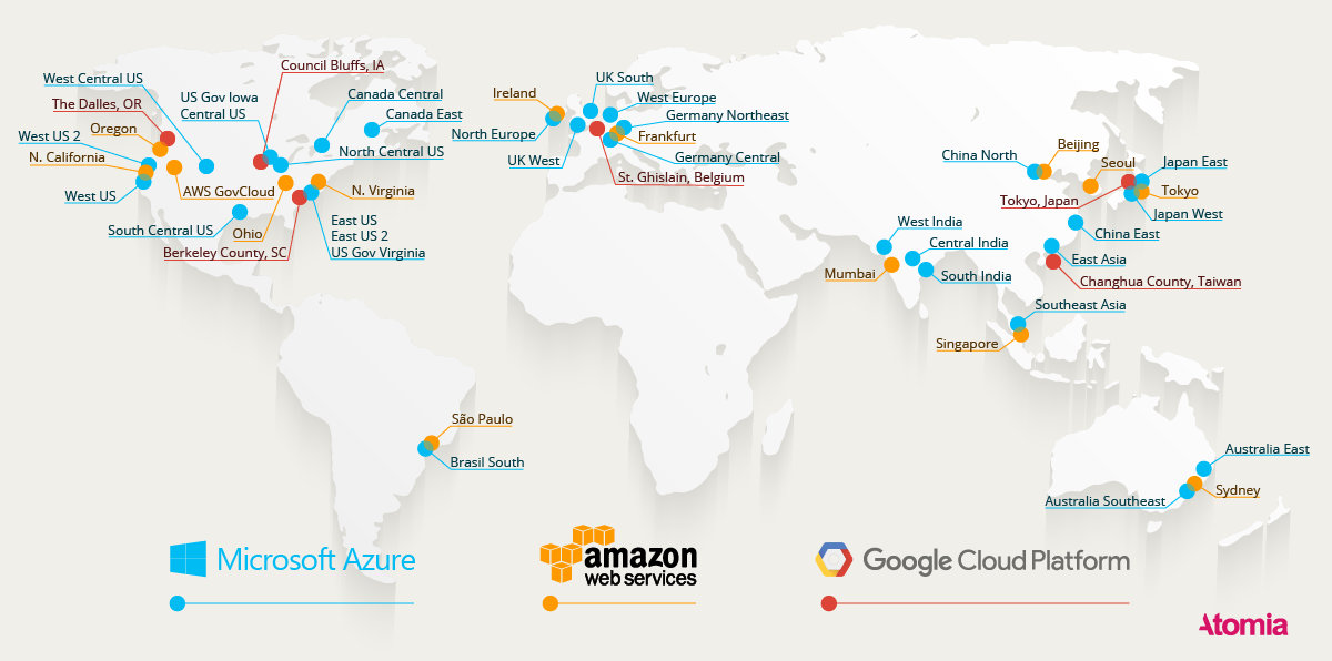 Map with available worldwide locations for AWS, Azure and Google Cloud