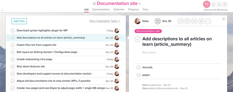 Task list in Asana